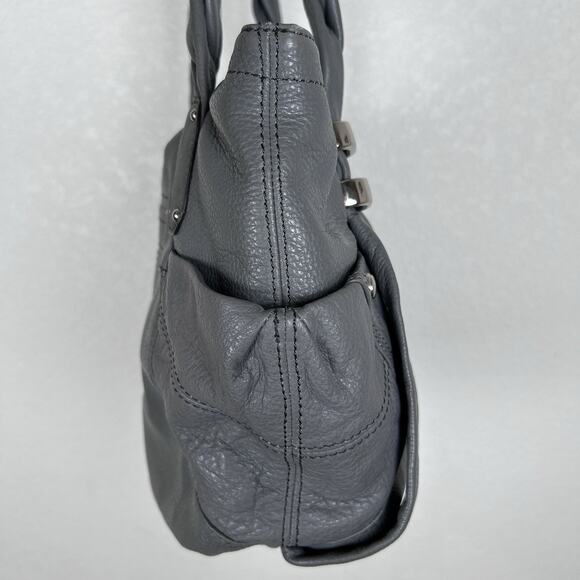 B. Makowsky grey Leather slouchy Silver Hardware Twisted Shoulder Strap Purse. - Picture 3 of 9